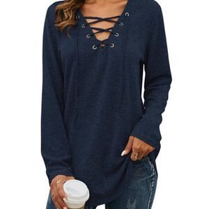 NWOT Women Lace Up V Neck Long Sleeves Pullover Tee Tunic    Size 2XL